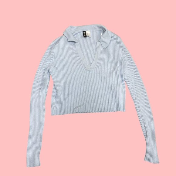 💙 H&M Divided Sky Blue Ribbed Knit Cropped Collar Sweater (Size M) - Picture 2 of 10